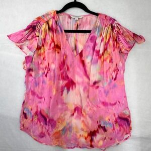 Liverpool Los Angeles Fuchsia Watercolor Flutter Sleeve Blouses Large